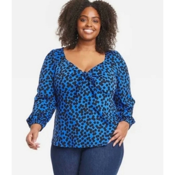 Ava & Viv Plus Size Long Sleeve Sweetheart Neck Tie Front Blouse - Picture 1 of 14